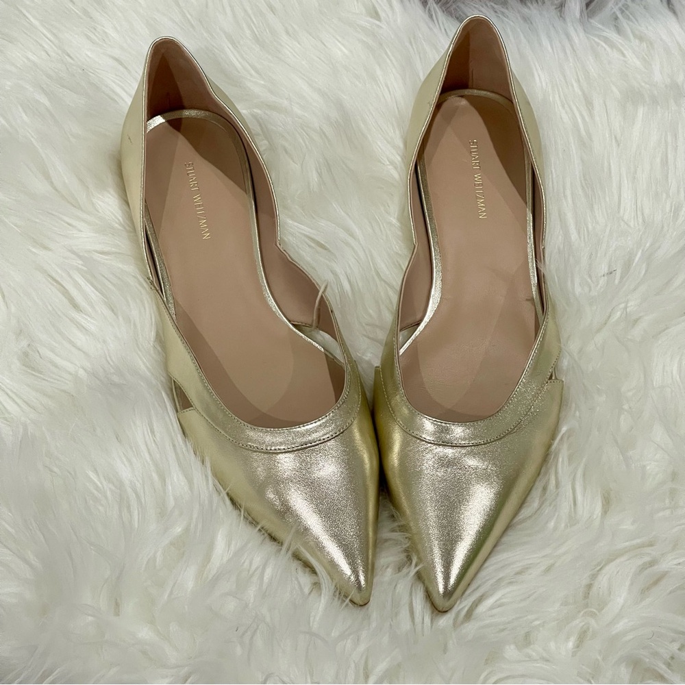 NWOTStuart Weitzman Avenue Gold Leather Flats Slip On Shoes Pointed Toe Size 11M